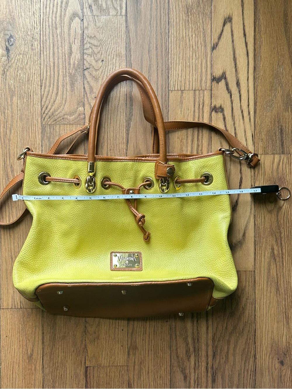 Valentina Italia Yellow Leather Drawstring Shoulder Bag with Brown Trim - Picture 10 of 13